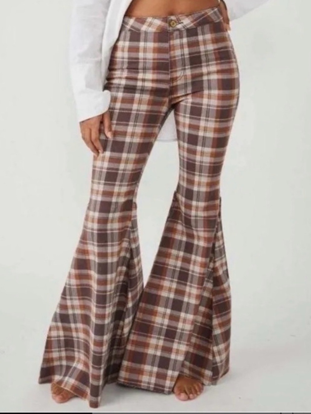 Free people plaid Flare Pants in Brown & Cream size 28 - Picture 2 of 6
